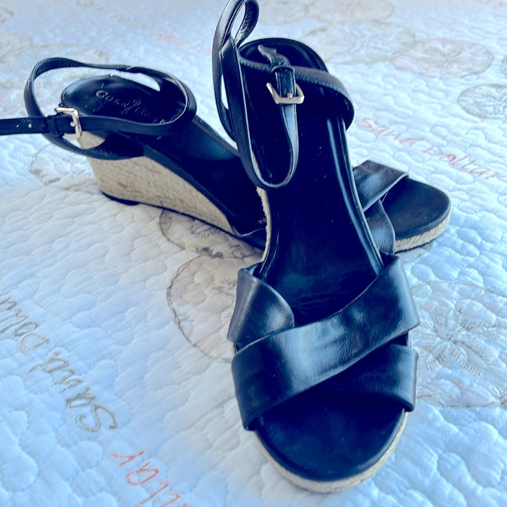 Cole Haan Espadrille Sandals Black Leather Jute Platform Nike Air Cushion Sz 10